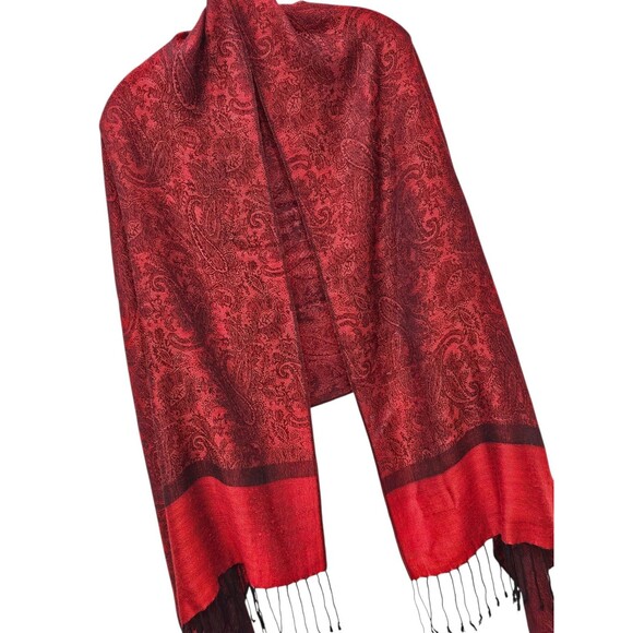 Womens Cashmere Silk Pashmina Red Paisley Scarf Wrap Shawl Stole Fringe 68x26 - Picture 3 of 16